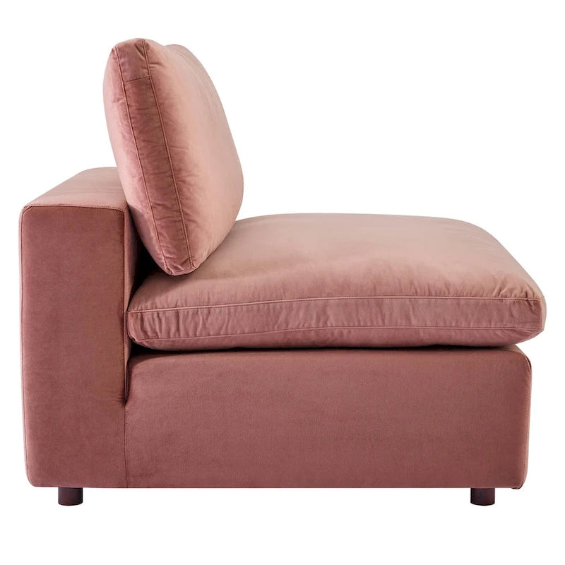 Fauteuil sans accoudoirs en velours haute performance garni de duvet et surpiqué
