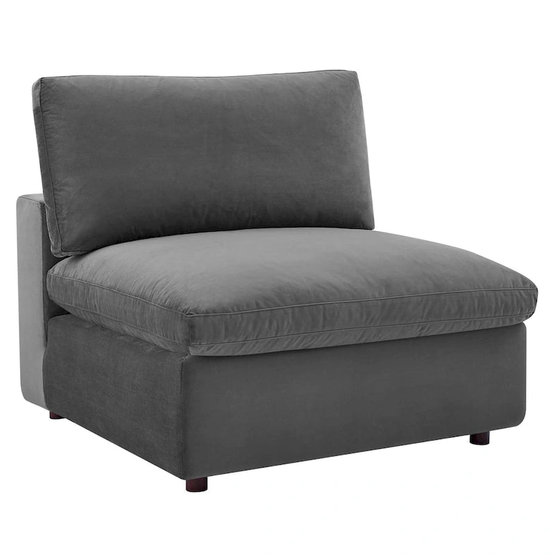 Fauteuil sans accoudoirs en velours haute performance garni de duvet et surpiqué
