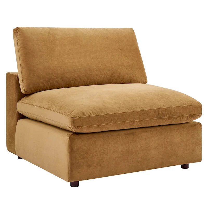 Fauteuil sans accoudoirs en velours haute performance garni de duvet et surpiqué