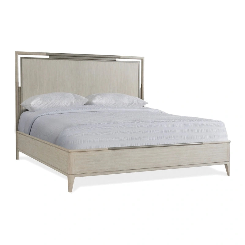 Chambre à coucher en bois massif, lit panneau, commode, miroir, 2 tables de nuit et banc, couleur champagne