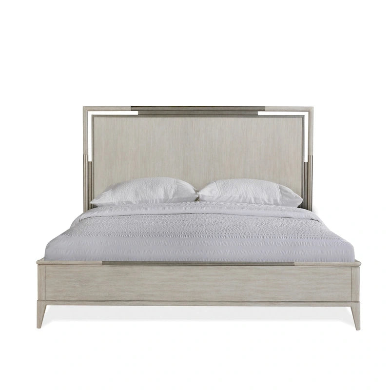 Chambre à coucher en bois massif, lit panneau, commode, miroir, 2 tables de nuit et banc, couleur champagne