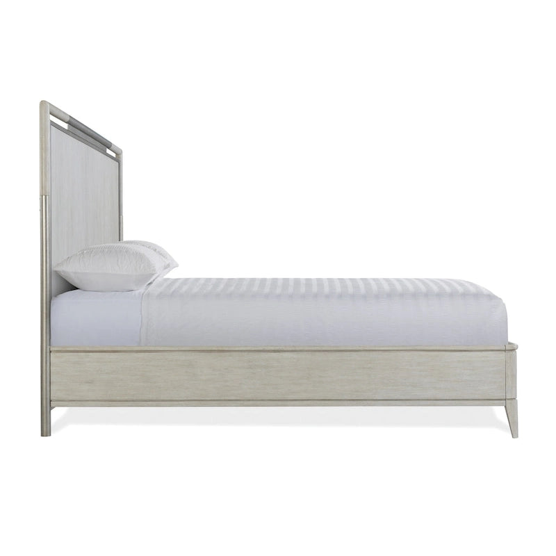 Chambre à coucher en bois massif, lit panneau, commode, miroir, 2 tables de nuit et banc, couleur champagne