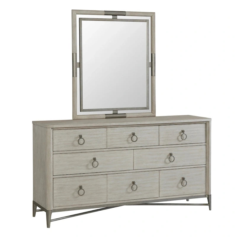 Chambre à coucher en bois massif, lit panneau, commode, miroir, 2 tables de nuit et banc, couleur champagne