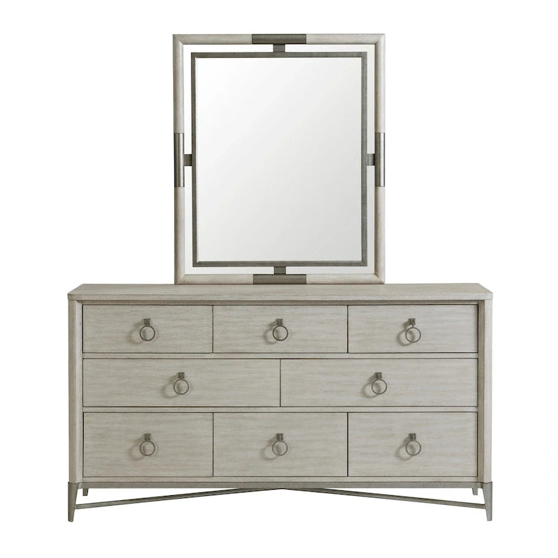 Chambre à coucher en bois massif, lit panneau, commode, miroir, 2 tables de nuit et banc, couleur champagne
