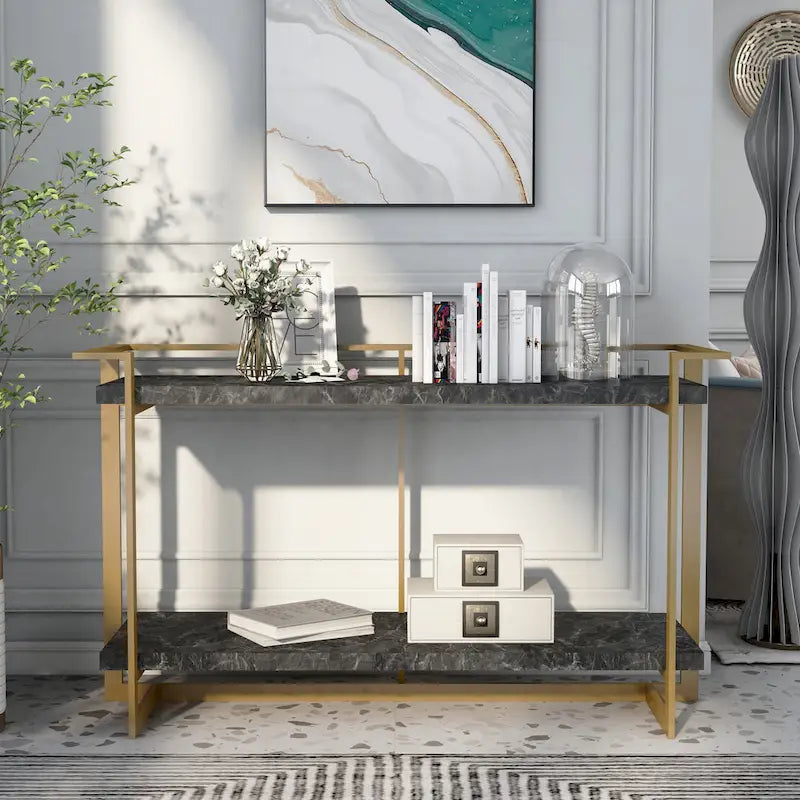 Table de canapé à couche unique en faux marbre noir et or de 51 pouces