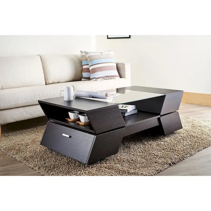Table basse bicolore à plateau en verre de 47 pouces de style moderne avec une seule couche