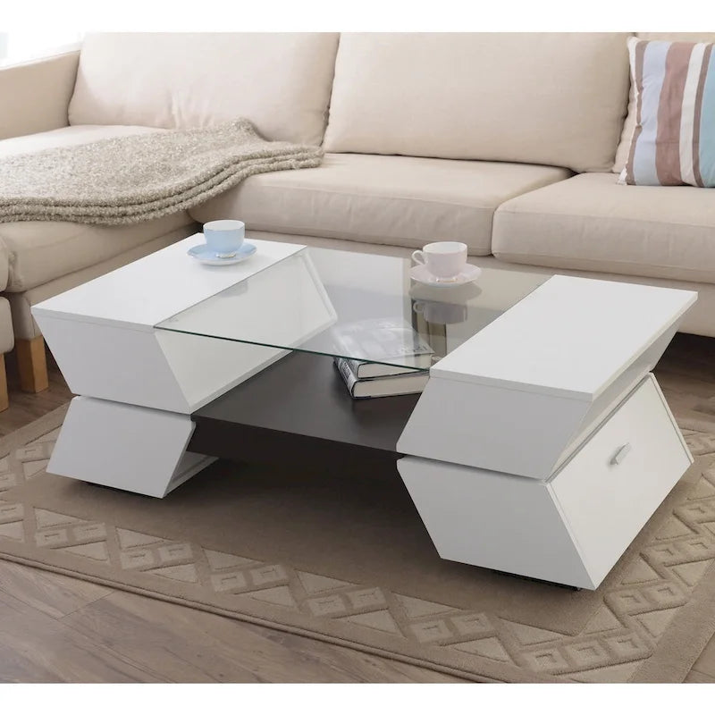 Table basse bicolore à plateau en verre de 47 pouces de style moderne avec une seule couche