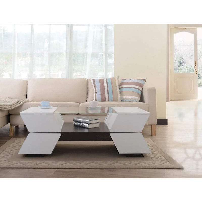 Table basse bicolore à plateau en verre de 47 pouces de style moderne avec une seule couche