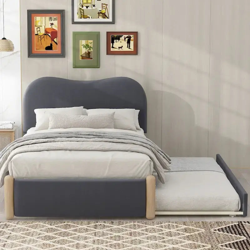Lit plateforme rembourré double avec pieds de support en bois et lit gigogne double, gris