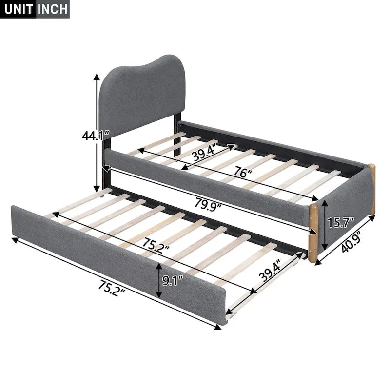 Lit plateforme rembourré double avec pieds de support en bois et lit gigogne double, gris