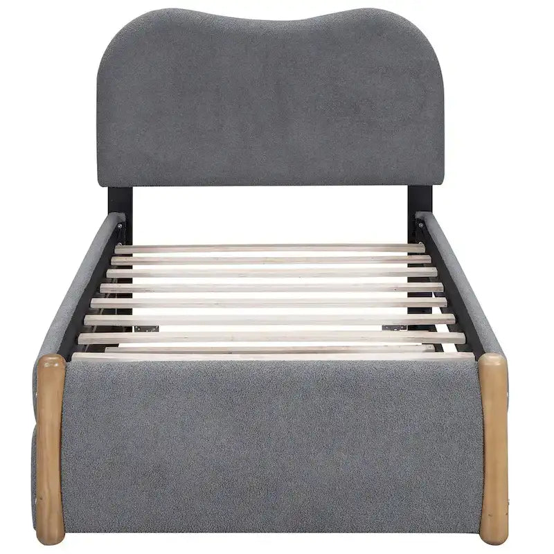 Lit plateforme rembourré double avec pieds de support en bois et lit gigogne double, gris