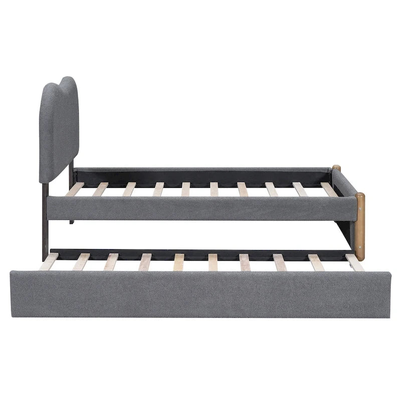 Lit plateforme rembourré double avec pieds de support en bois et lit gigogne double, gris