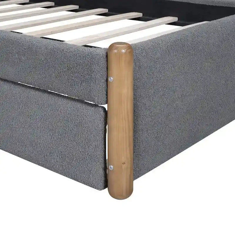 Lit plateforme rembourré double avec pieds de support en bois et lit gigogne double, gris