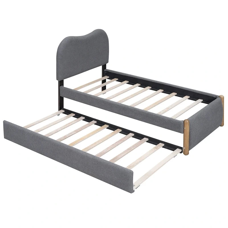 Lit plateforme rembourré double avec pieds de support en bois et lit gigogne double, gris