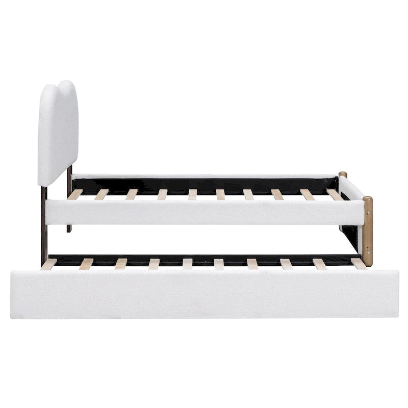 Lit plateforme rembourré double avec pieds de support en bois et lit gigogne double, gris