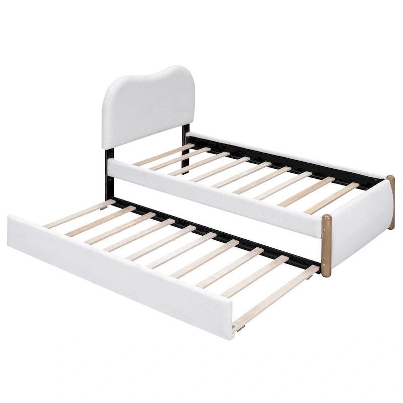 Lit plateforme rembourré double avec pieds de support en bois et lit gigogne double, gris