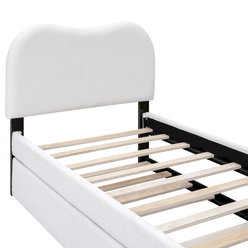 Lit plateforme rembourré double avec pieds de support en bois et lit gigogne double, gris