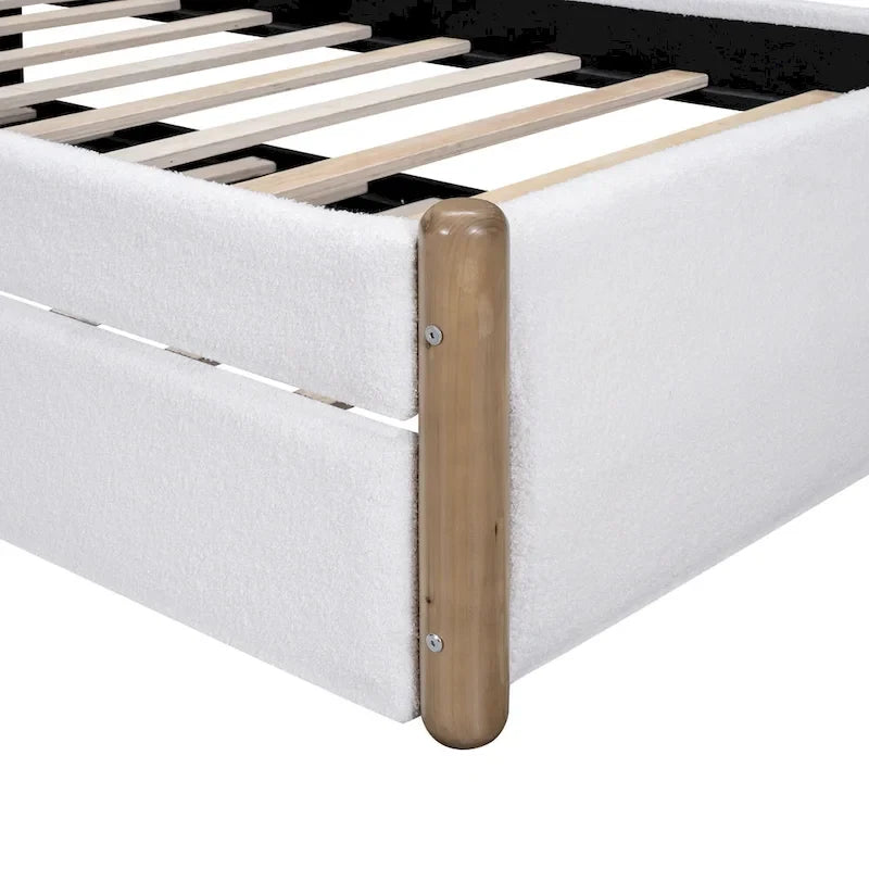 Lit plateforme rembourré double avec pieds de support en bois et lit gigogne double, gris
