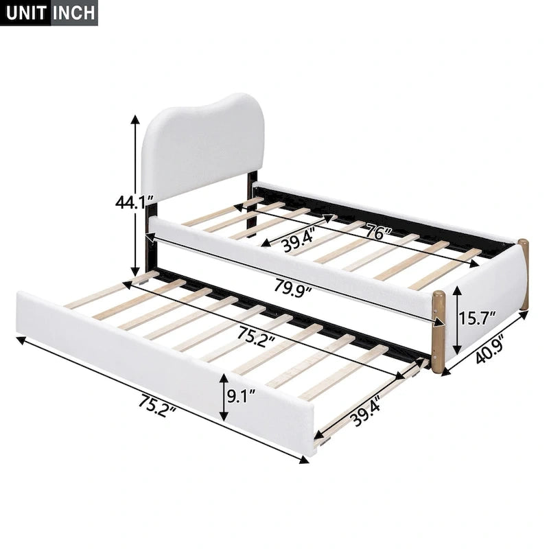 Lit plateforme rembourré double avec pieds de support en bois et lit gigogne double, gris
