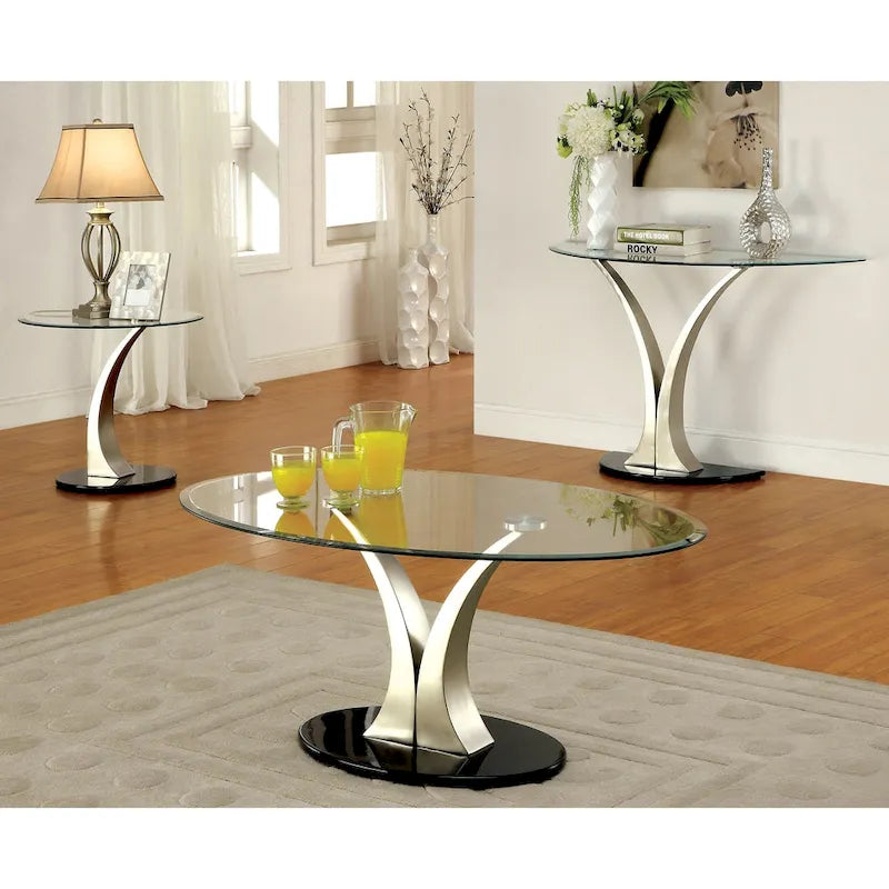 Table en verre moderne avec base demi-lune en métal argenté de 46 pouces