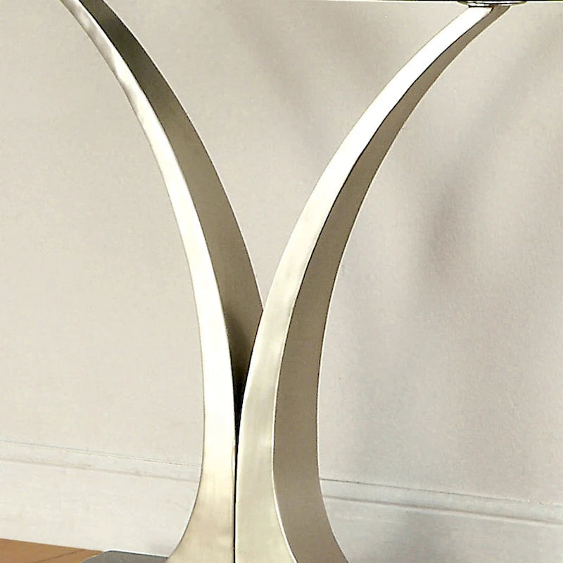 Table en verre moderne avec base demi-lune en métal argenté de 46 pouces