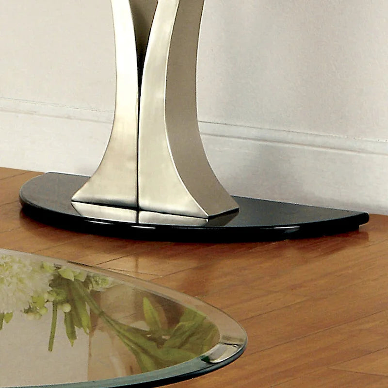 Table en verre moderne avec base demi-lune en métal argenté de 46 pouces