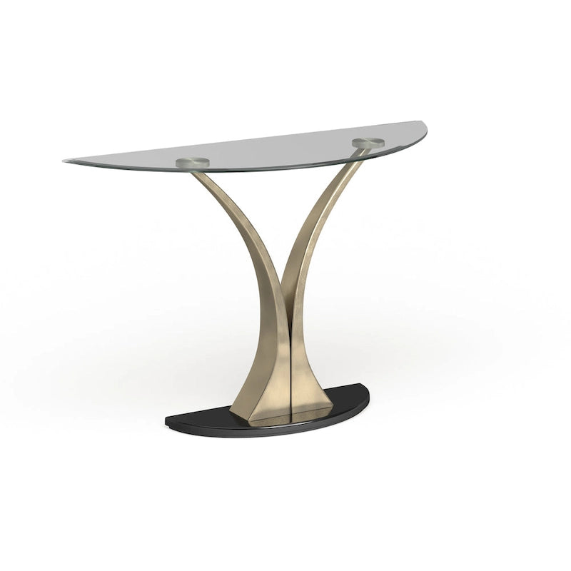 Table en verre moderne avec base demi-lune en métal argenté de 46 pouces