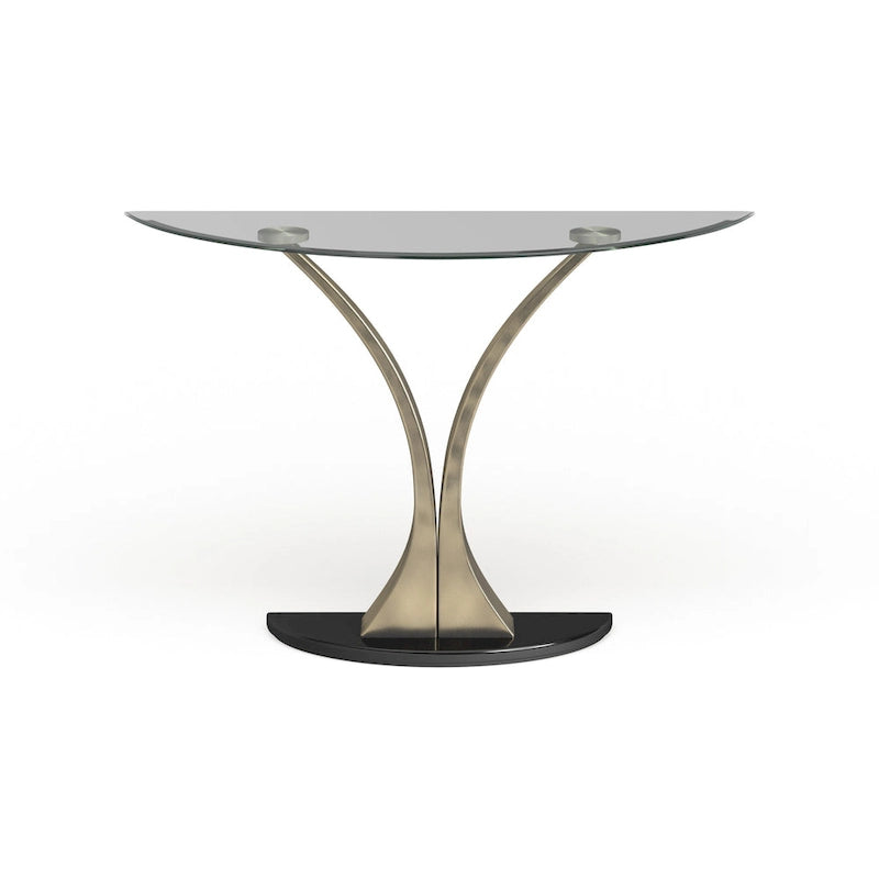 Table en verre moderne avec base demi-lune en métal argenté de 46 pouces