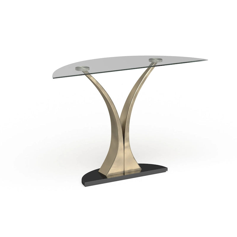 Table en verre moderne avec base demi-lune en métal argenté de 46 pouces