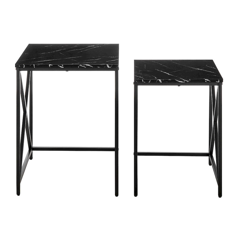 Tables d'appoint gigognes modernes à plateau en placage effet marbre et structure en métal noir - Lot de 2