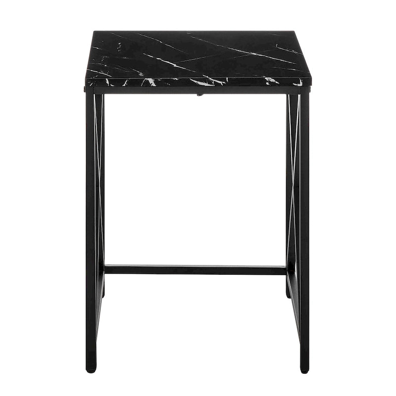 Tables d'appoint gigognes modernes à plateau en placage effet marbre et structure en métal noir - Lot de 2