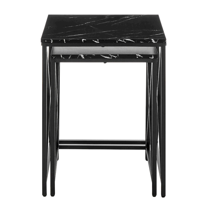 Tables d'appoint gigognes modernes à plateau en placage effet marbre et structure en métal noir - Lot de 2
