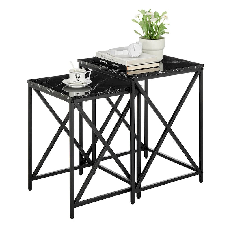 Tables d'appoint gigognes modernes à plateau en placage effet marbre et structure en métal noir - Lot de 2