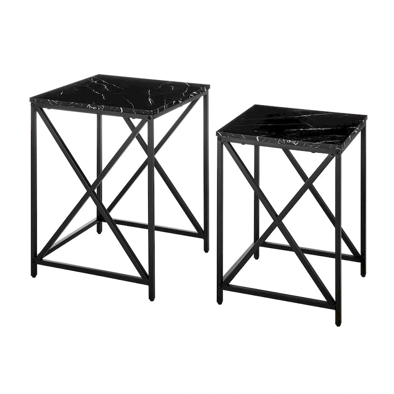 Tables d'appoint gigognes modernes à plateau en placage effet marbre et structure en métal noir - Lot de 2
