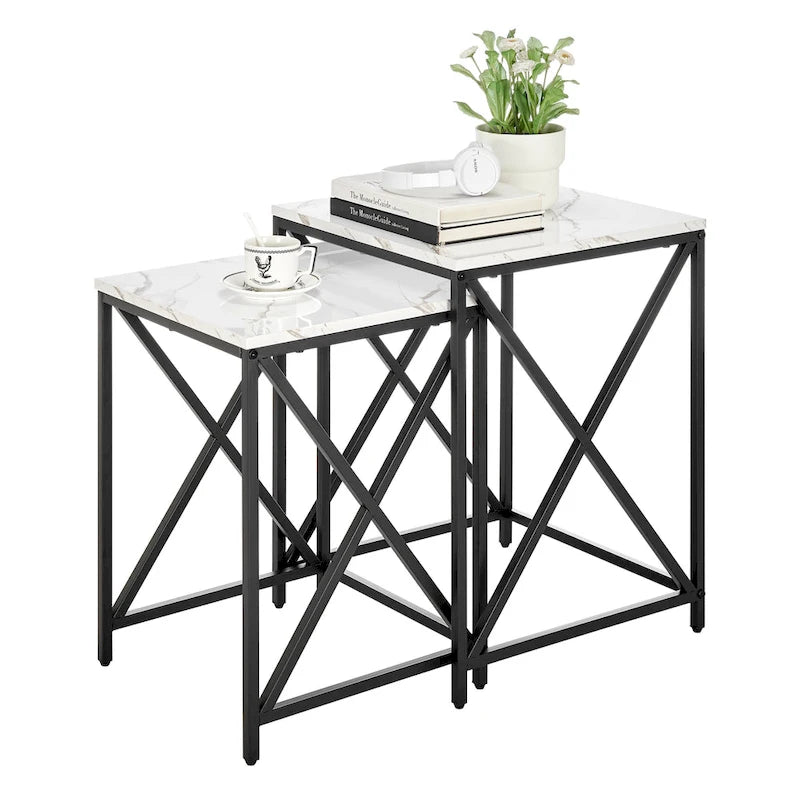 Tables d'appoint gigognes modernes à plateau en placage effet marbre et structure en métal noir - Lot de 2