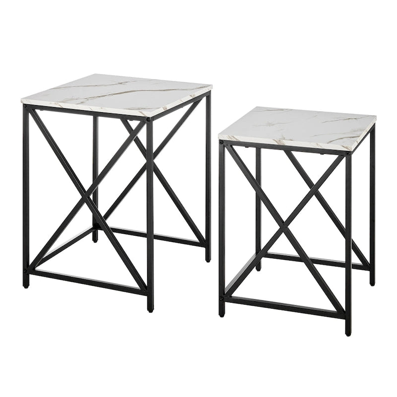 Tables d'appoint gigognes modernes à plateau en placage effet marbre et structure en métal noir - Lot de 2