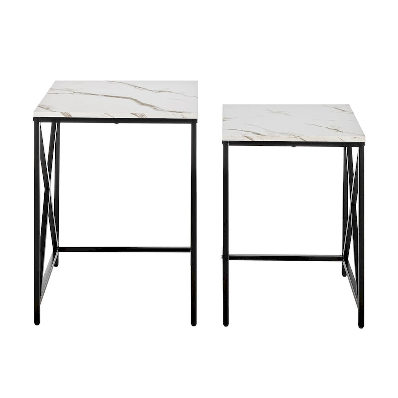 Tables d'appoint gigognes modernes à plateau en placage effet marbre et structure en métal noir - Lot de 2