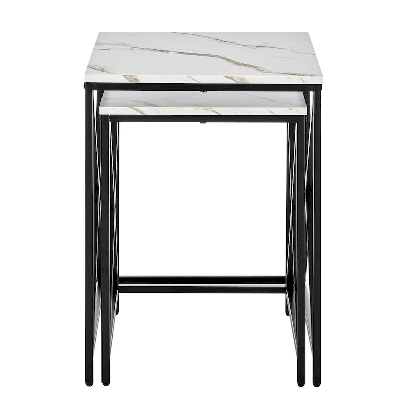 Tables d'appoint gigognes modernes à plateau en placage effet marbre et structure en métal noir - Lot de 2