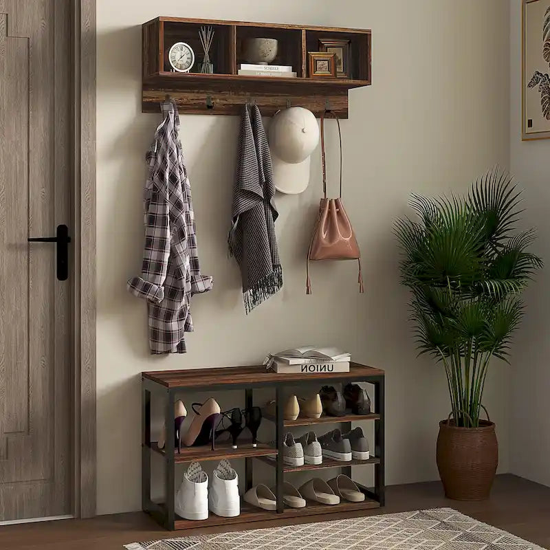 Ensemble banc à chaussures et porte-manteau 2 en 1, portemanteau avec banc et rangement à chaussures à 5 crochets