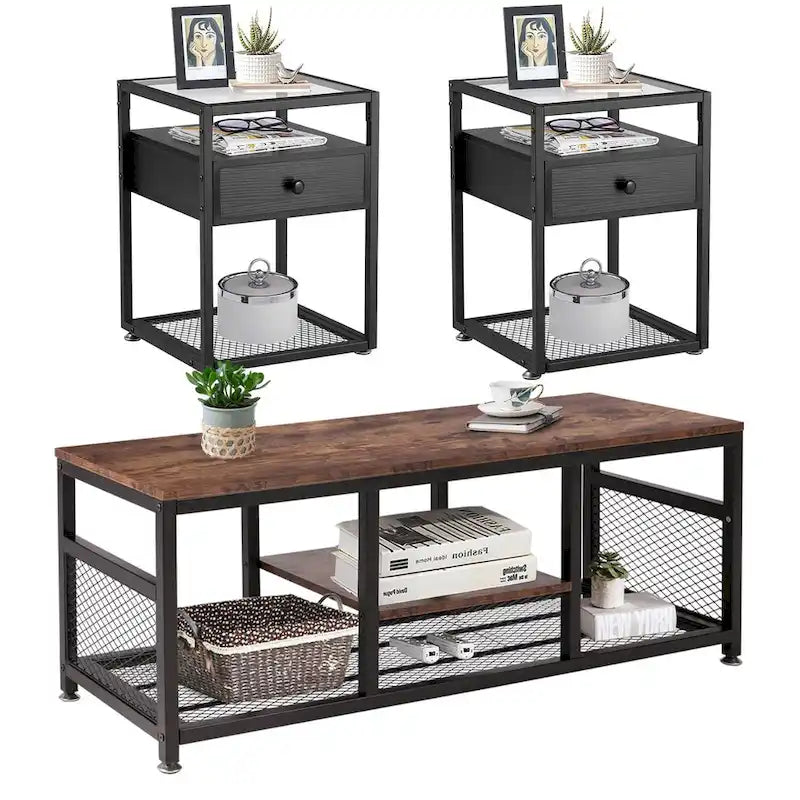 Ensemble de 3 tables basses modernes avec étagères de rangement, coloris marron/noir