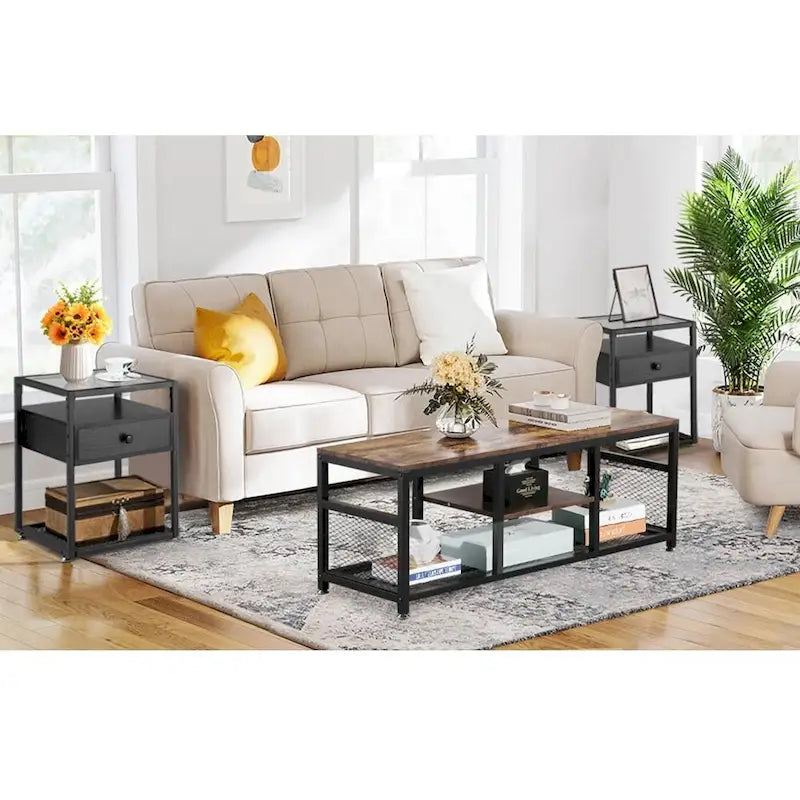 Ensemble de 3 tables basses modernes avec étagères de rangement, coloris marron/noir