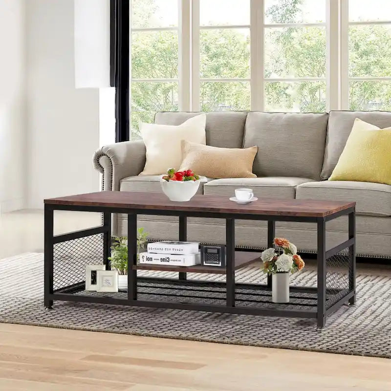Ensemble de 3 tables basses modernes avec étagères de rangement, coloris marron/noir