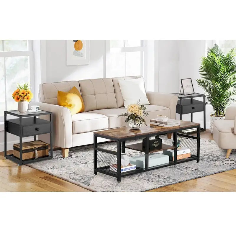 Ensemble de 3 tables basses modernes avec étagères de rangement, coloris marron/noir