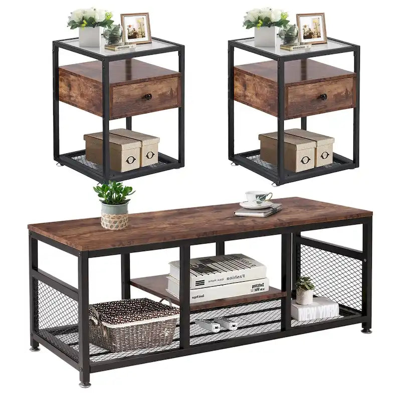 Ensemble de 3 tables basses modernes avec étagères de rangement, coloris marron/noir