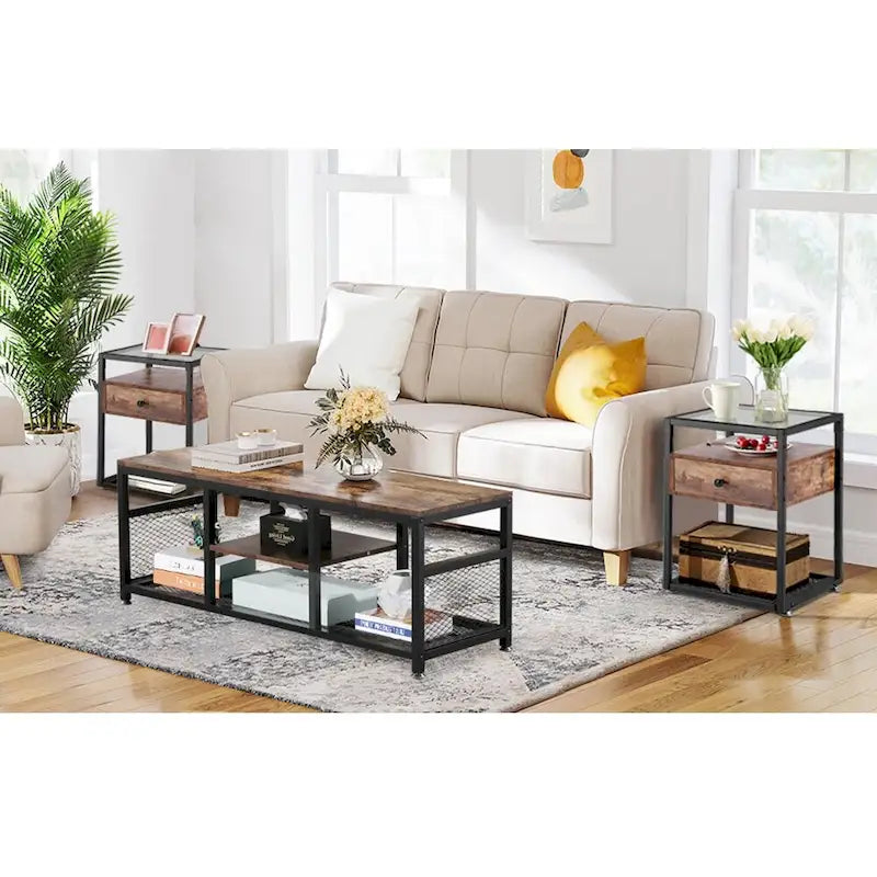 Ensemble de 3 tables basses modernes avec étagères de rangement, coloris marron/noir