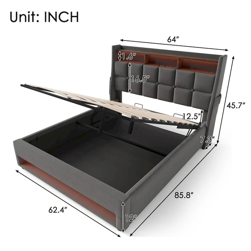 Lit plateforme rembourré Queen/Full avec système de rangement hydraulique, LED et chargement USB