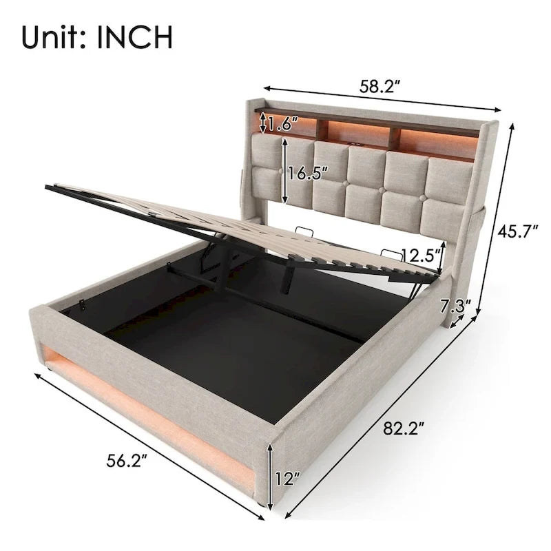 Lit plateforme rembourré Queen/Full avec système de rangement hydraulique, LED et chargement USB