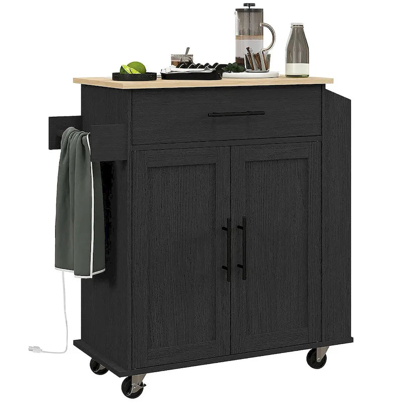 Ilot de cuisine avec rangement, Chariot de cuisine roulant avec prises CA et ports USB