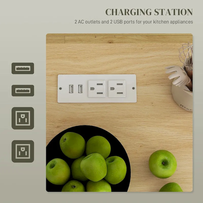 Ilot de cuisine avec rangement, Chariot de cuisine roulant avec prises CA et ports USB