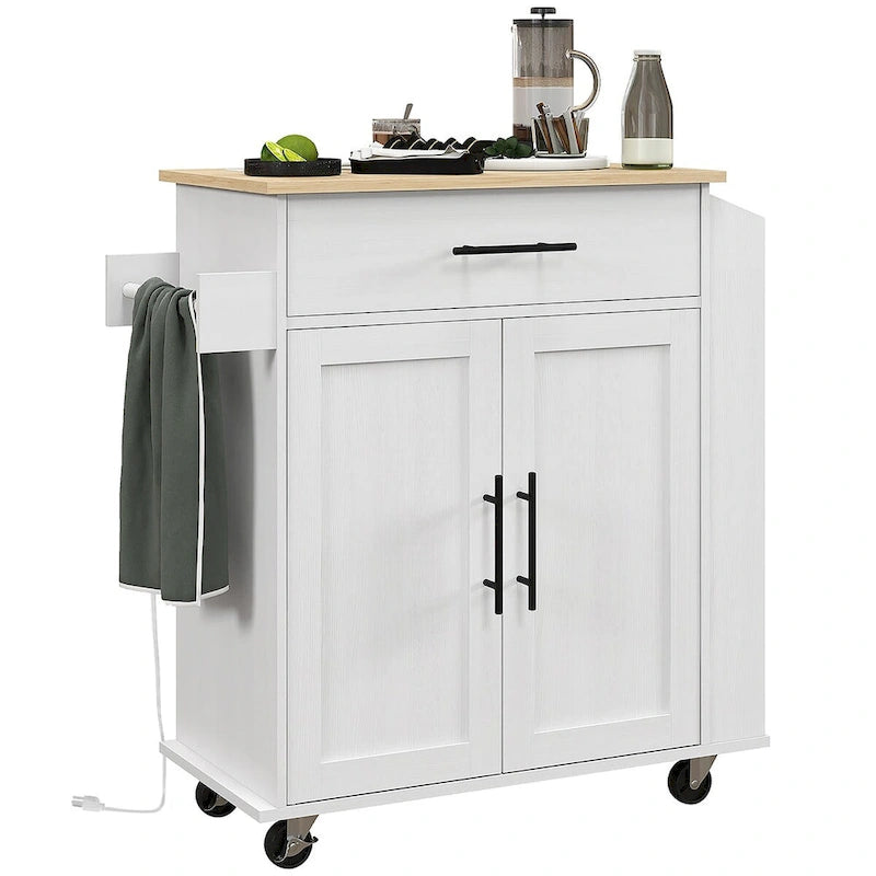 Ilot de cuisine avec rangement, Chariot de cuisine roulant avec prises CA et ports USB